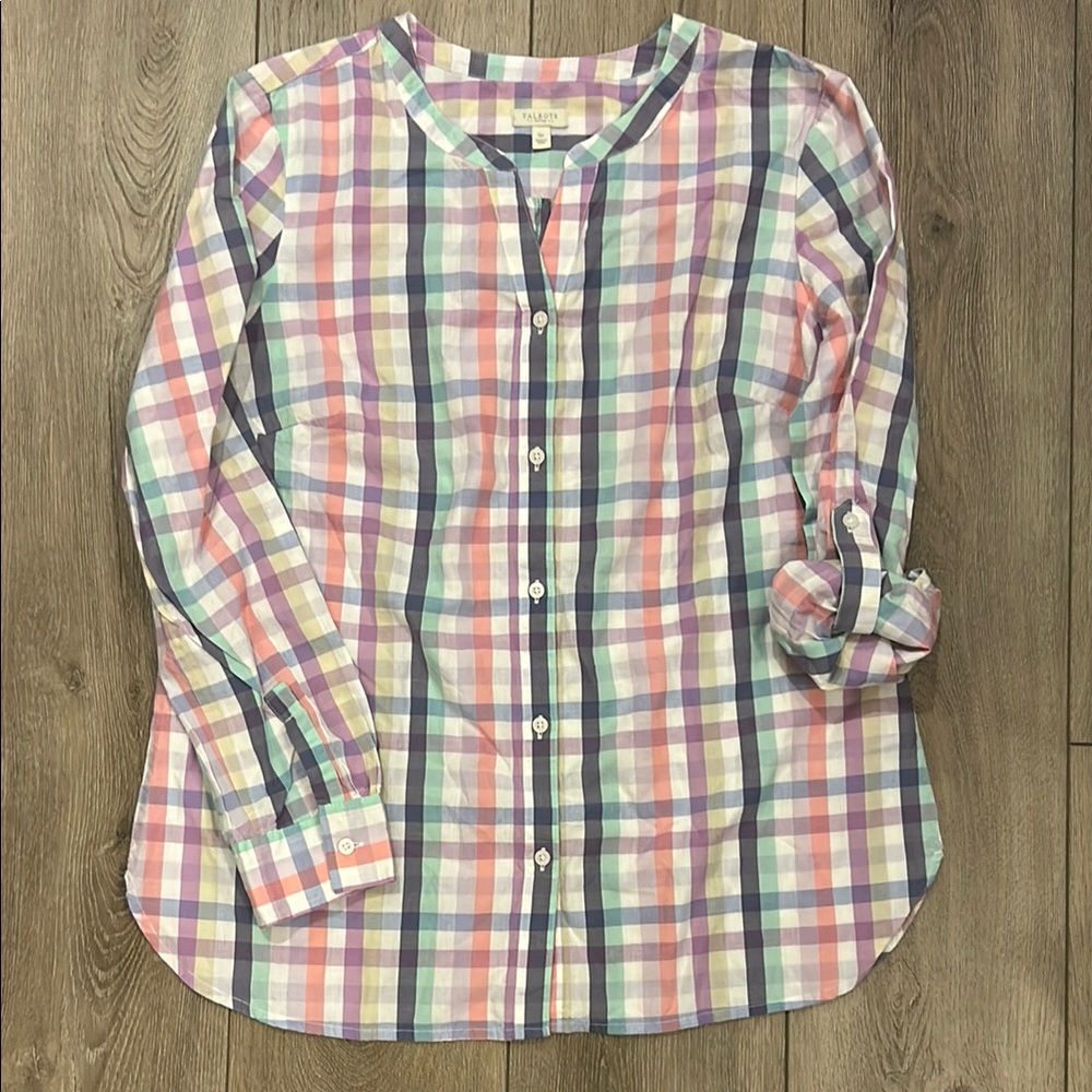 Talbots NWOT Colorless Colorful Plaid Button-Up Shirt Roll tab sleeve option SP
